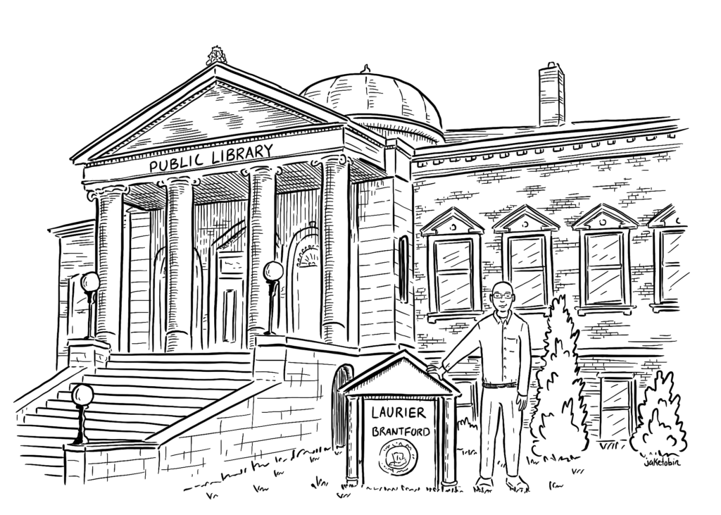 An illustration of Bruce Gillespie standing in front of the Carnegie Building at Laurier Brantford